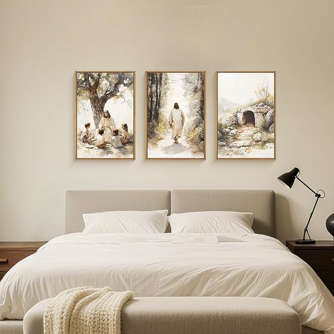 Large Jesus Teaching Children on Path Framed Canvas Wall Art,Empty Tomb Christian Wall Decor,Spiritual Religious Bible Artwork for Living Room,Bedroom,Dining Room,Office -24"x36"x3