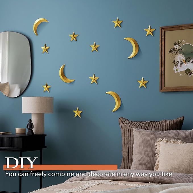 MidModArt 14PCS Mid Century Modern 3D Star Wall Art Gold Retro Starburst Sculptures Vintage Celestial Home Decor, Gold Moon-Combo