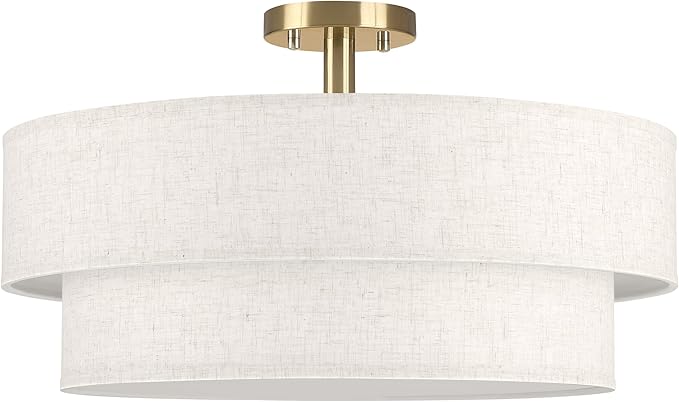 22 Inch LED 28W Adjustable 3000/4000/5000 Gold Double Drum Linen Fabric Shade Semi Flush Mount Close to Ceiling Light Fixture for Bedroom,Living Room,Dining Room Hallway