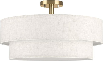 22 Inch LED 28W Adjustable 3000/4000/5000 Gold Double Drum Linen Fabric Shade Semi Flush Mount Close to Ceiling Light Fixture for Bedroom,Living Room,Dining Room Hallway
