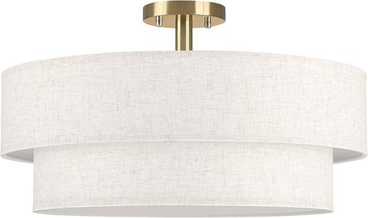 22 Inch LED 28W Adjustable 3000/4000/5000 Gold Double Drum Linen Fabric Shade Semi Flush Mount Close to Ceiling Light Fixture for Bedroom,Living Room,Dining Room Hallway