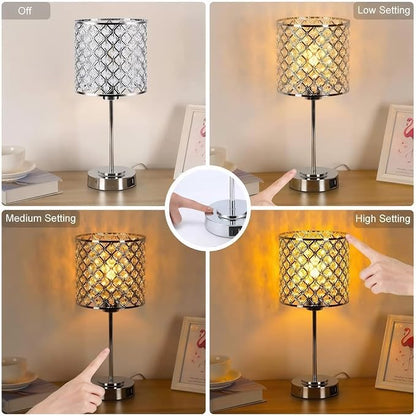 GyroVu Crystal Table Lamp for Bedroom Living Room, Touch Control Bedside Lamp with USB C+A Ports - Dimmable Nightstand Lamp Modern Light, Bulb Included