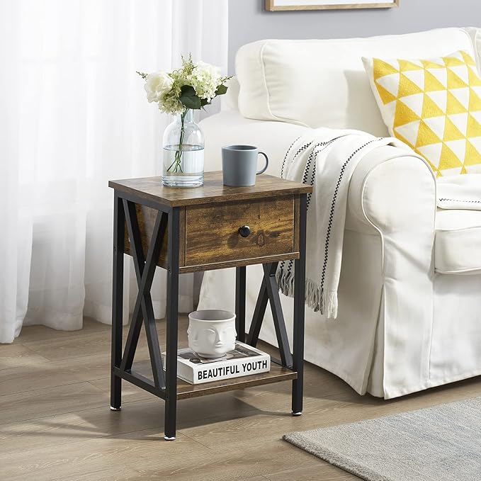 VECELO End Tables, Modern Nightstand with Drawer & Shelf, Night Stand for Bedroom Living Room,Industrial Metal Frame