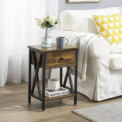 VECELO End Tables, Modern Nightstand with Drawer & Shelf, Night Stand for Bedroom Living Room,Industrial Metal Frame