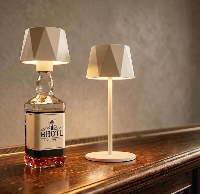 Modern 2-in-1 Table Lamp & Bottle Lamp, Pleated Metal Shade Touch Control Lamp | Adjustable Height, Warm Light & RGB, Stepless Dimming, Anti-Tip Design,Triangle,Beige
