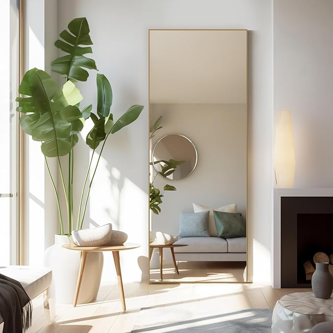 Mirror Full Length, Upgraded 21"x64" Body Wall Mirrors with Shatter-Proof Glass, Floor Standing, Hanging or Leaning, Tall Mirror with Stand Aluminum Alloy Frame for Bedroom, Gold