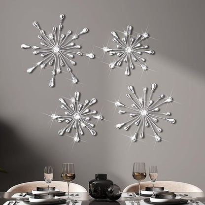 Hicarer 4pcs 3D Silver Metal Starburst Wall Decor Bling Crystal Wall Art Cast Iron Rhinestones Sunburst Decor Jeweled Hanging Glitter Diamond Accents Home Decorative for Living Room Bedroom Entryway