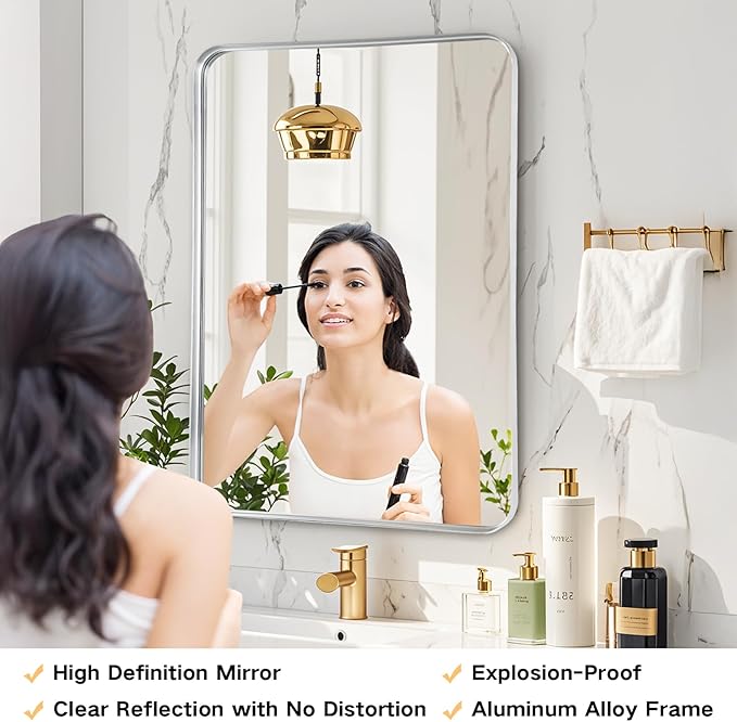 Bathroom Mirror - 24x30 Inch Silver Framed Sink Mirror for Bathroom, Brushed Metal Frame Rectangle Mirror for Restroom, Entryway
