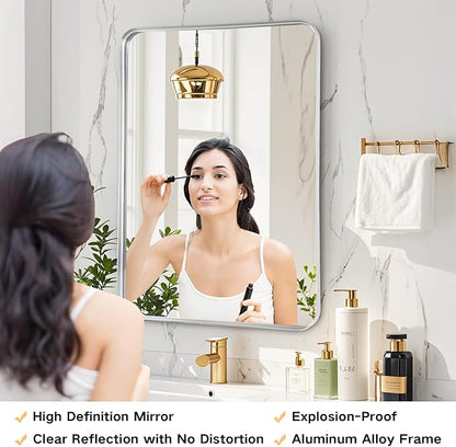 Bathroom Mirror - 24x30 Inch Silver Framed Sink Mirror for Bathroom, Brushed Metal Frame Rectangle Mirror for Restroom, Entryway