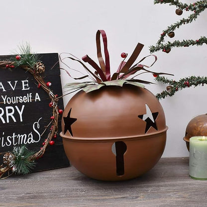 Attraction Design Large Rustic Red Christmas Jingle Bell Decoration, 8.5 X 8.5 Inch Metal Star Cutout Hanging Ornament