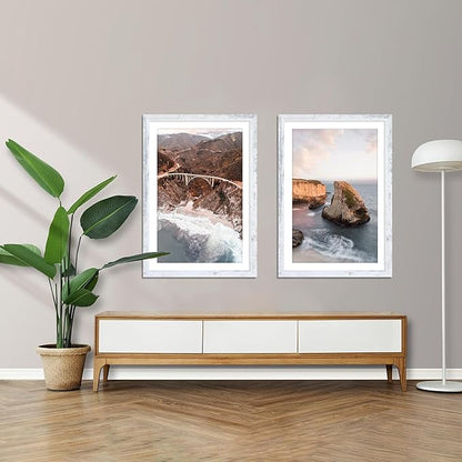 iRahmen 16x24 Picture Frame Set of 2 with Plexiglass, Distressed White Poster Frame Display Picture 12x18 with Mat or 16 x 24 Without Mat, Wood Photo Frame for Wall Mounting