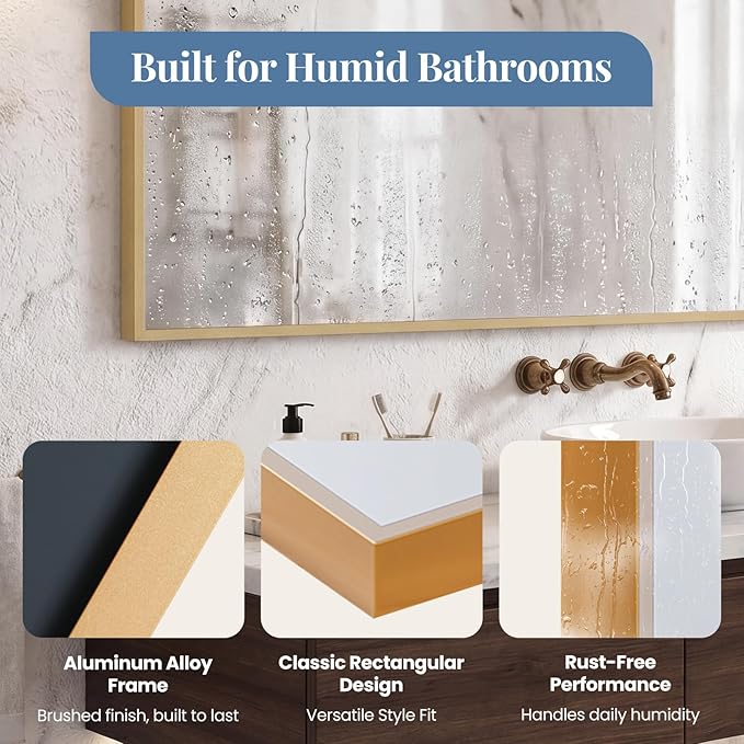 NEWBULIG 30" x 36" Gold Rectangle Bathroom Mirror for Wall, Morden Wall Mirror with Metal Frame, Tempered Glass, Vanity Mirror for Over Sink, Entryway, Living Room, Anti-Rust, Horizontal or Vertical