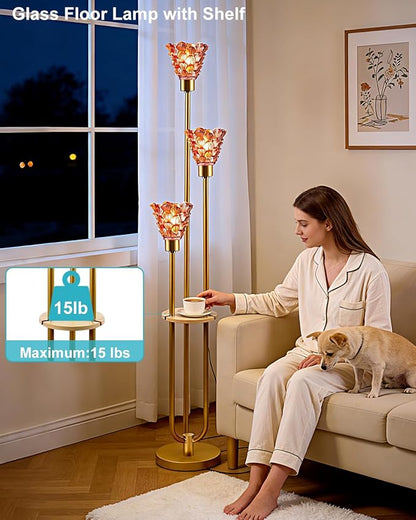 3-Light Modern Glass Floor Lamp with Shelf, Gold Tall Standing Lamp with Deep Red Flower Glass Shade, LED Floor Lamp with Foot Switch& 5Lbs Heavy Base for Living Room Bedroom, Bulb Included