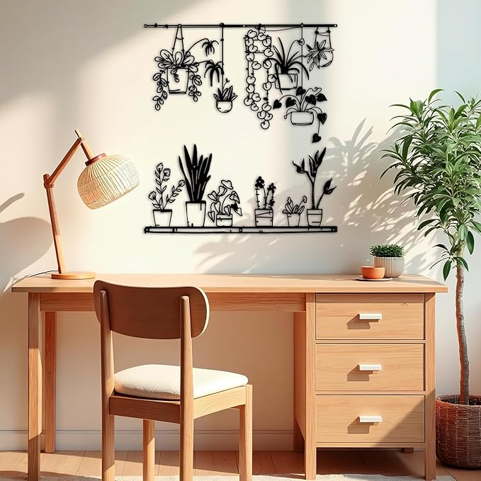 Pigort Metal Botanical wall Art- Farmhouse Leaves Wall Decor Black Minimalist Flower Wall Decors for Living room Bathroom Bedroom Dining Room - Housewarming Gifts Set Of 4