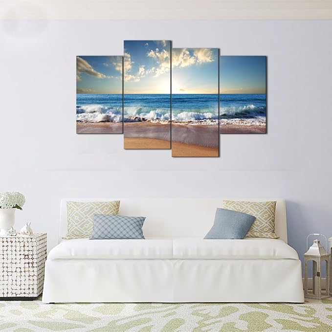 Yatsen Bridge Modern Landscape Painting on Canvas 4 Piece Beach Ocean Pictures Wall Art for Living Room Home Decor Wooden Framed Stretched Ready to Hang (48’’W x 36’’H)