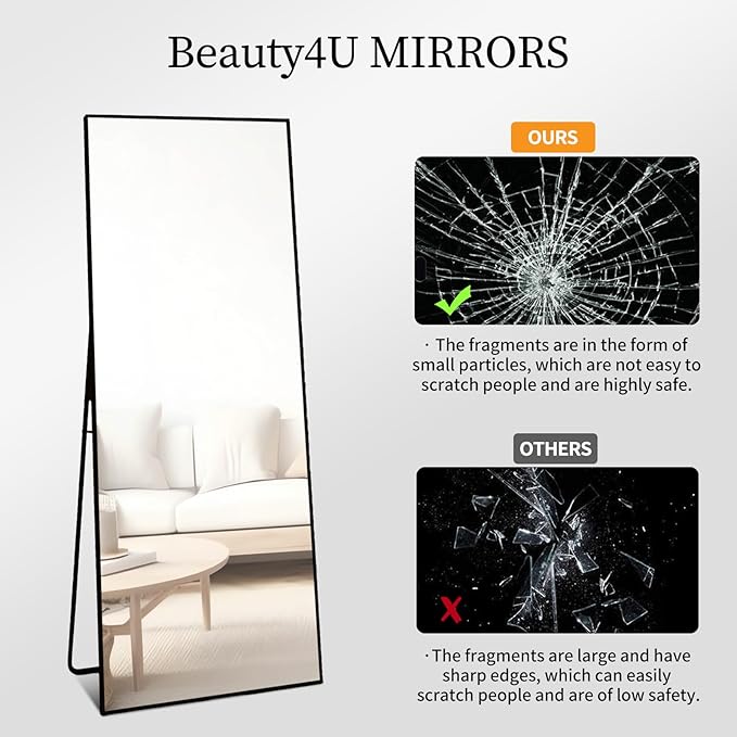 Beauty4U 59" x 16" Full Length Mirror with Stand & Wall Mount, HD Tempered Glass Full Body Mirror for Bedroom, Living Room, Dressing Room, Black Aluminum Frame