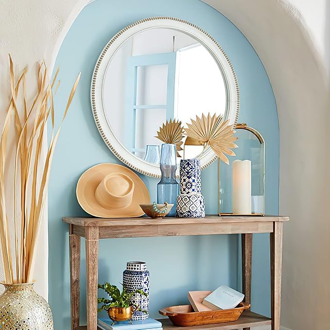 sawsile Round Wood Mirror,24 inch Circle Rustic Farmhouse White Wooden Frame Boho Beads Wall Mirror for Bathroom,Living Room,Bedroom or Entryway