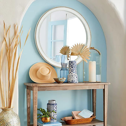 sawsile Round Wood Mirror,24 inch Circle Rustic Farmhouse White Wooden Frame Boho Beads Wall Mirror for Bathroom,Living Room,Bedroom or Entryway