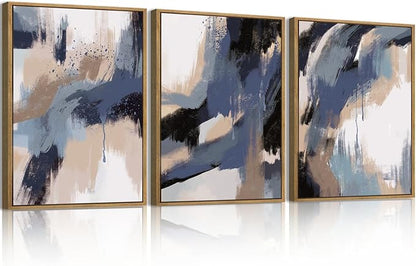 BINCUE Blue Neutral Wall Art Framed Modern Abstract Artwork Blue Abstract Wall Decor Modern Blue Wall Paintings Abstract Neutral Wall Pictures for Living Room Bedroom Office Bathroom 12" Lx16 W Set of 3
