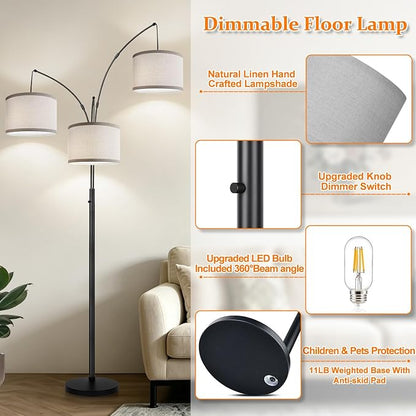 Dimmable Floor Lamp, 3 Lights Black Arc Floor Lamp, Modern Tall Standing Tree Lamp with Grey Linen Shades & Heavy Base, 3000LM LED Bulbs, Bright Lighting for Living Room, Bedroom, Office & Reading