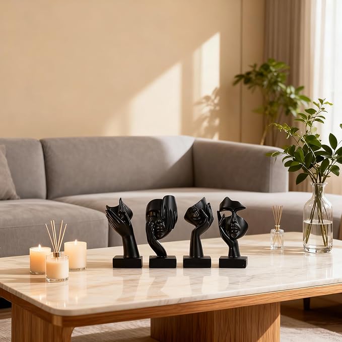 Black Abstract Thinker Figurine Set of 4, Home Art Face Small Statue for Accents Decor Women Bedroom Shelf Bookcase Room Desk, TV Stand, Coffee Table Decor, for Women Art Decor Gifts (Black)