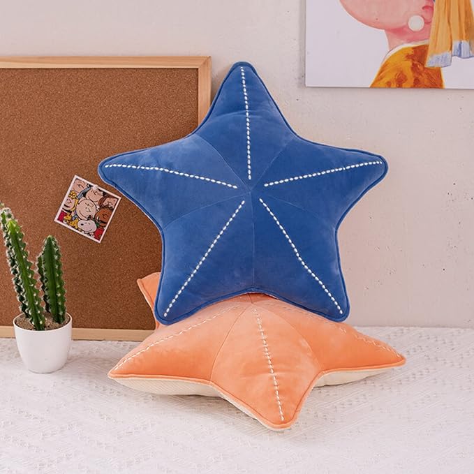 Starfish Shell Pillow Plush car Cushion Bedside Sofa Home furnishings Dormitory Office mat (19.6in, Star Blue)