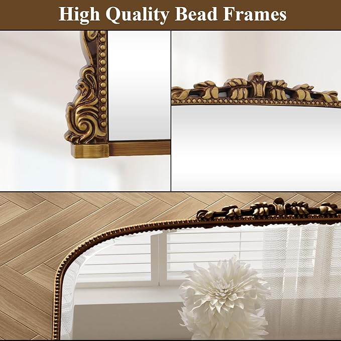 28"×40" Gold Wide Arched Wall Mirror, Vintage Carving Bathroom Vanity Makeup Mirror, as Wall Decor Hanging Leaning for Fireplace Mantle, Living Room, Bedroom, Vanity Area