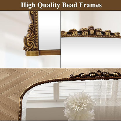 28"×40" Gold Wide Arched Wall Mirror, Vintage Carving Bathroom Vanity Makeup Mirror, as Wall Decor Hanging Leaning for Fireplace Mantle, Living Room, Bedroom, Vanity Area