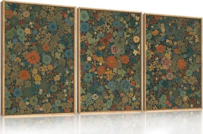 Vintage Floral Boho Framed Canvas Wall Art Set,Colorful Botanical Retro Blossom Flower Wall Decor,Modern Nature Calming Wildflowers Art Print for Living Room,Bedroom, Office-24 x36 x3