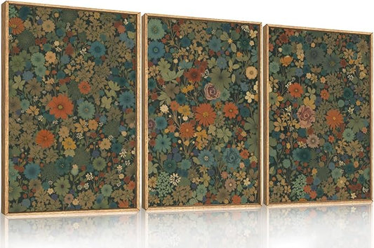 Vintage Floral Boho Framed Canvas Wall Art Set,Colorful Botanical Retro Blossom Flower Wall Decor,Modern Nature Calming Wildflowers Art Print for Living Room,Bedroom, Office-24 x36 x3