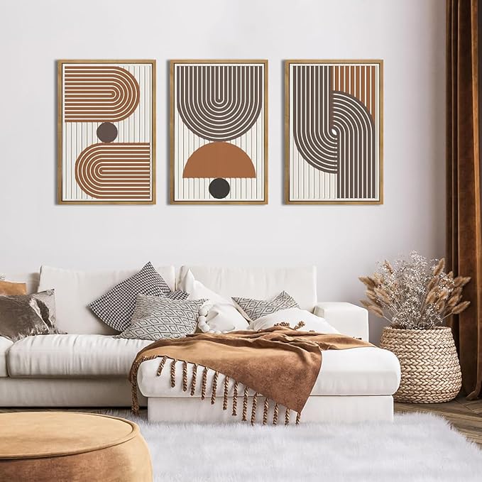 DRACIT Large Modern Mid Century Boho Wall Art Set,Abstract Geometric Wooden Wall Decor,Neutral Minimalist Arch Lines Artwork Beige Orange Brown Wood Grain Art Decor for Living Room,Bedroom,Office-16x24Inch x3