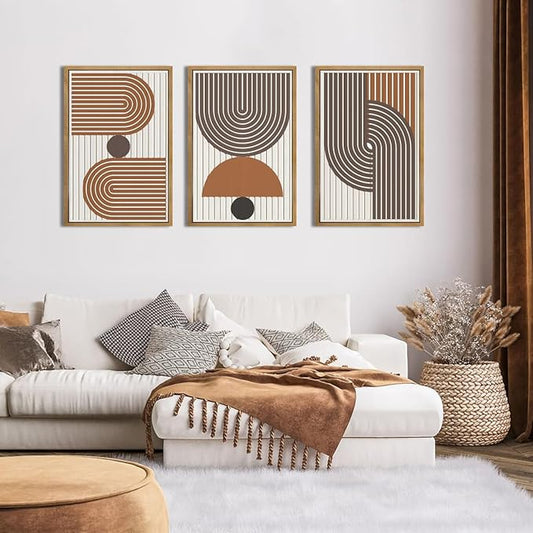 DRACIT Large Modern Mid Century Boho Wall Art Set,Abstract Geometric Wooden Wall Decor,Neutral Minimalist Arch Lines Artwork Beige Orange Brown Wood Grain Art Decor for Living Room,Bedroom,Office-16x24Inch x3
