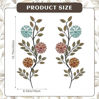 MorningRo 2 Pcs Metal Flower Leaves Wall Art Spring Wall Decor Living Room, 15.75 Inch Vintage Rustic Branch Leaf Wrought Iron Scroll Art Decor for Spring Bedroom Indoor Outdoor Decorations(Colorful)