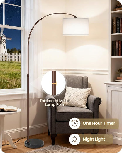 75" Arc Floor Lamp with Marble Base and Adjustable Height, Rotating Hanging Shade, Dimmable Floor Lamp for Living Room with Remote and Foot Switch, 3CCT, Over Couch Arched Light, White Brown VW15LD05