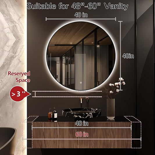 Niccy 40" LED Backlit Round Mirror for Bathroom, Black Framed Vanity Light Wall Mirror, LED Smart Circle Mirrors with 3 Lighting Colors, Round Lighted Mirror with Anti-Fog, IP65 Waterproof