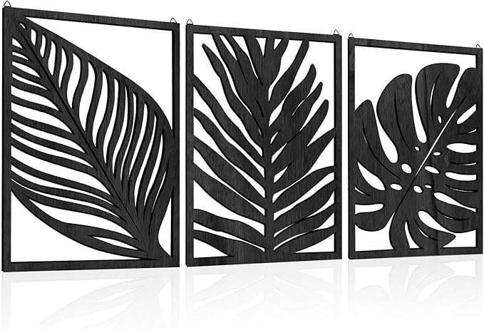 3PCS Black Tropical Wall Art, Wall Decor For Bedroom, Wall Art Decor Leaf Sign Walls Vintage Tropical Plant Wall Rustic Palm Leaf, Modern Wooden Walls Sculptures for for Living room, Bedroom, Office