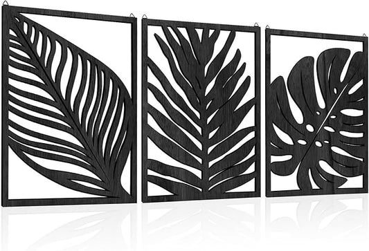 3PCS Black Tropical Wall Art, Wall Decor For Bedroom, Wall Art Decor Leaf Sign Walls Vintage Tropical Plant Wall Rustic Palm Leaf, Modern Wooden Walls Sculptures for for Living room, Bedroom, Office