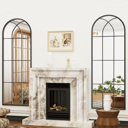 Dewfig 65"x 22" Arched Window pane Full Length Mirror, Wall Mirror, Floor Standing Mirrors, Farmhouse Long Full Body Mirrors Wall Mounted for Living Room, Bedroom, Entryway, Fireplace, Black
