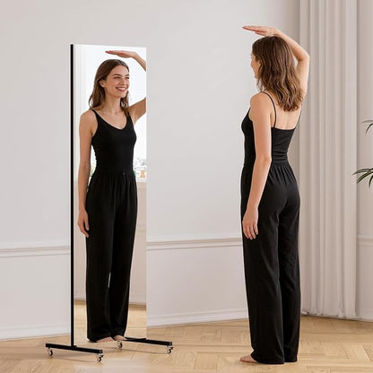 brisafe 60" x 20" Full Length Rolling Floor Mirror on Lockable Wheels, Rectangular Shatter-Resistant Safety Glass, for Home Dance Studio & Yoga, Black Metal Frame and Stand