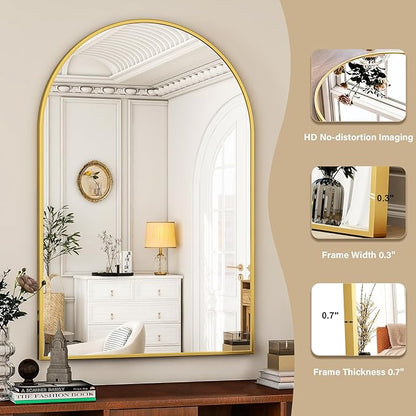HARRITPURE Arched Bathroom Mirror - 30"x40" Gold Large Wall Mounted Vanity Mirror Aluminum Alloy Frame Arch Wall Mirror for Living Room, Bedroom and Entryway