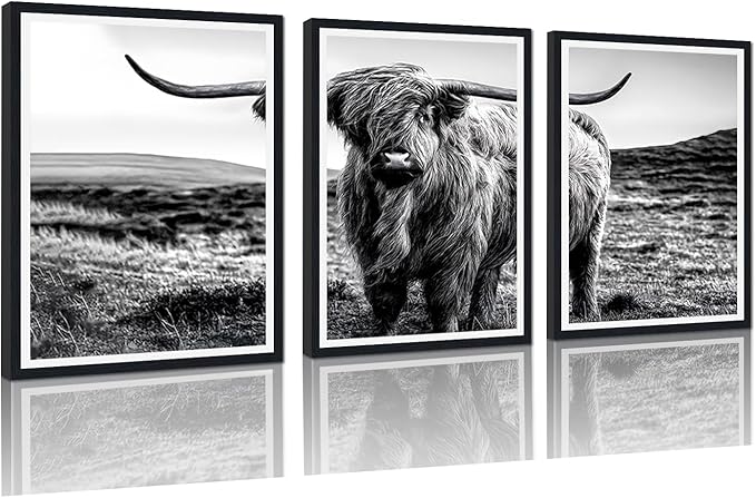 Black White Highland Cow Canvas Wall Art Vintage Hairy Cow Poster Rustic Farmhouse Animal Framed Wall Decor for Kitchen Living Room Bedroom Country House Decor Easy to Hand 12x16inchx3pcs