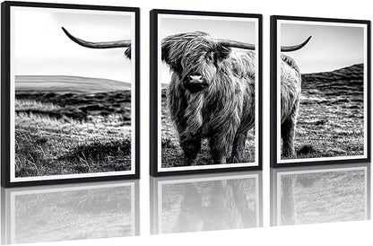 Black White Highland Cow Canvas Wall Art Vintage Hairy Cow Poster Rustic Farmhouse Animal Framed Wall Decor for Kitchen Living Room Bedroom Country House Decor Easy to Hand 12x16inchx3pcs
