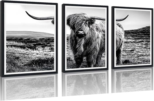 Black White Highland Cow Canvas Wall Art Vintage Hairy Cow Poster Rustic Farmhouse Animal Framed Wall Decor for Kitchen Living Room Bedroom Country House Decor Easy to Hand 12x16inchx3pcs