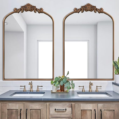 HQiJun Antique Gold Arched Baroque Mirror 24x36 - Brass Finish Metal Frame, Intricately Carved Vertical Wall Mirror for Entryway, Living Room, Bathroom Vanity & Dining Room