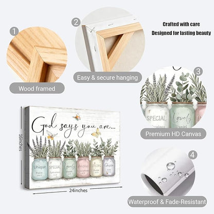Inspirational Bible Verse Wall Art God Says You Are Sayings Wall Decort Christian Gift Quotes Painting scripture Pictures Print Flowers in Mason Jar Poster for Women Girls Bedroom(24x16 Canvas)