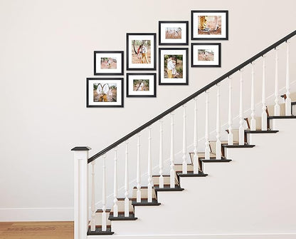 VELISTA 8 Piece Stair Picture Frame Set for Wall Collage - Stairwell Gallery Wall Frame Set - Stairway Décor - Ladder Photo Frames with Mat for 5x7 and 8x10 in – Staircase Wall Décor (Black)