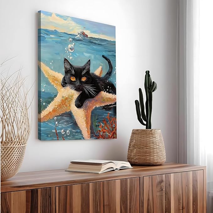 Yaneiro Funny cat canvas wall art, bathroom wall decor Starfish Cat A 16x24 inch Wrapped Canvas