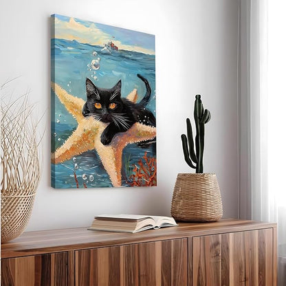 Yaneiro Funny cat canvas wall art, bathroom wall decor Starfish Cat A 16x24 inch Wrapped Canvas