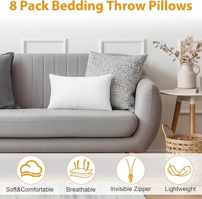 Yousoontic 8 Pack Throw Pillow Inserts 12 x 20 Inches Alternative Pillows White Fluffy Decorative Stuffer Cushion for Bed, Sofa, Couch and Indoors & Outdoors
