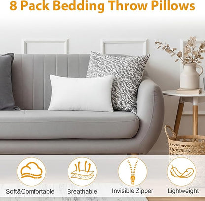 Yousoontic 8 Pack Throw Pillow Inserts 12 x 20 Inches Alternative Pillows White Fluffy Decorative Stuffer Cushion for Bed, Sofa, Couch and Indoors & Outdoors